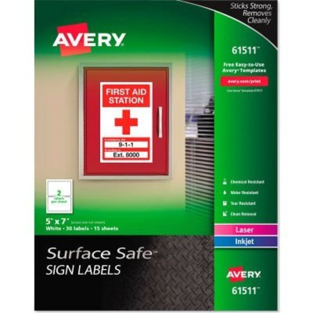 AVERY DENNISON Avery Surface Safe Sign Labels, 5in x 7in, White, 30/Pack 61511